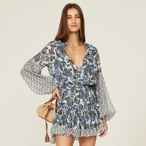 MISA Los Angeles Floral V-Neck Long Sleeve Mini Dress in Blue